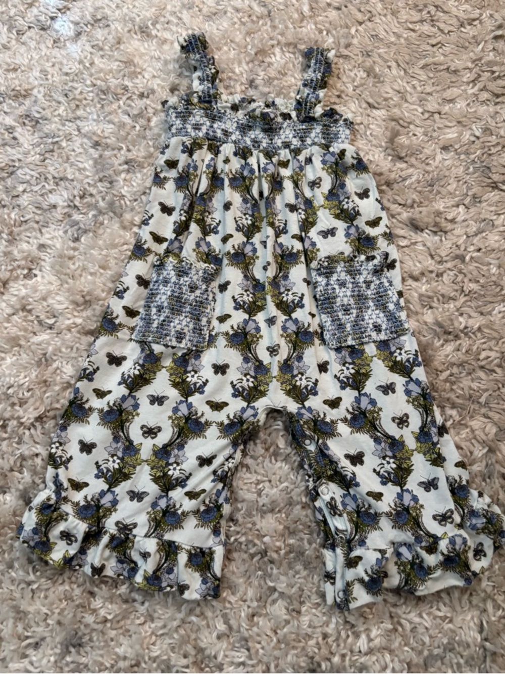 Kate Quinn Light Blue Floral Smocked Romper with Navy & Olive